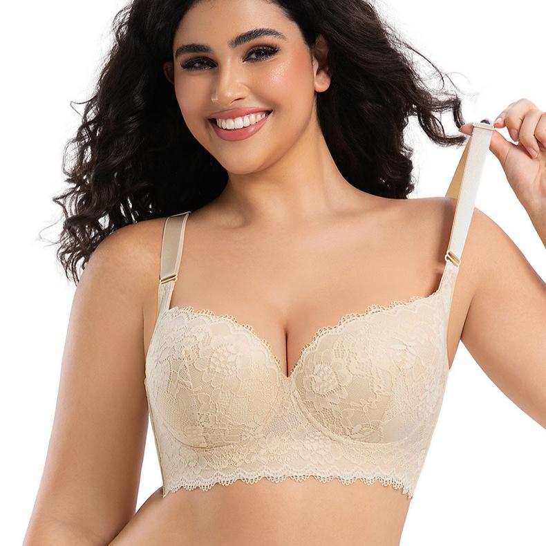 Large-sized Lace Bra Women's Seamless Sexy Underwear Gathering Bra Breast Retraction Anti-sagging Underwire Bra Deep V Bra