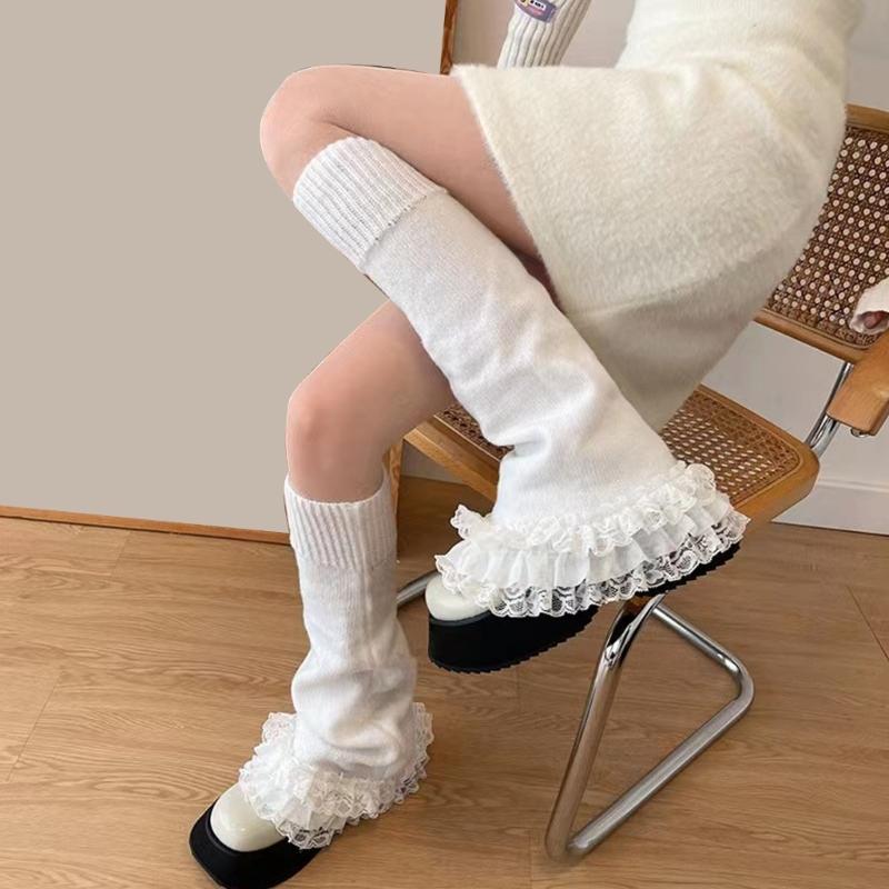 Damen Mädchen Fairycore Gestrickte Beinwärmer Ausgestellte Stiefelsocken Japanische JK Lagenlook Rüschen Spitzenbesatz Fußabdeckungen Streetwear