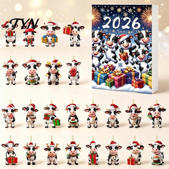 2026 Holiday Atmosphere Gift Set Christmas Cow Ornament Advent Calendar 2026, 24 Days 2D Acrylic Hanging Pendant Flat for Car Rearview Mirror