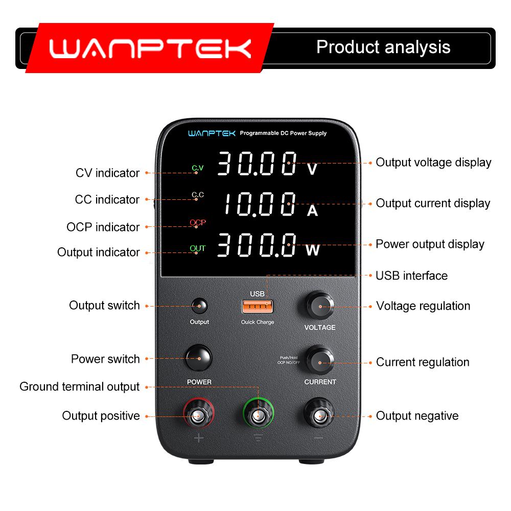 Fonte de Alimentação DC Ajustável Wanptek 30V 10A 5A Fonte de Alimentação de Bancada de Laboratório Fonte de Alimentação Estabilizada Regulador de Tensão Chave 120V 60V5A
