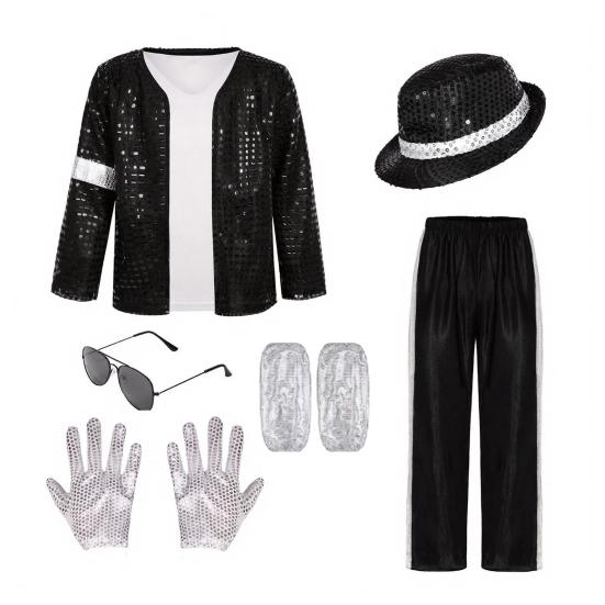 Bambini Anni '80 '90 Nero Paillettes Costume da Esibizione Giacca Top
