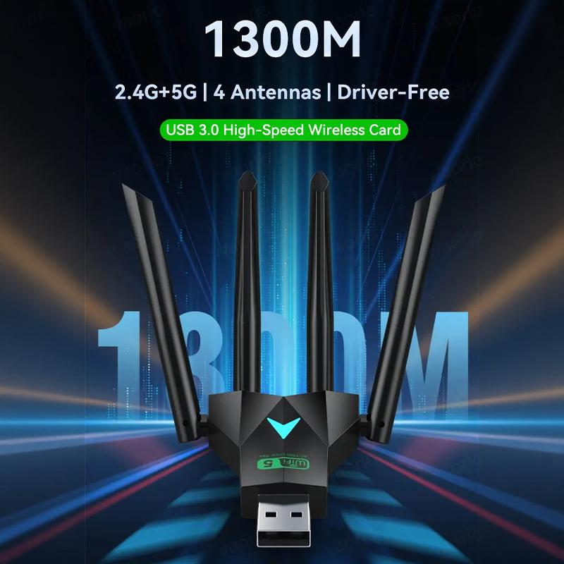 Dualband 1300Mbps WLAN USB-Adapter 2,4 GHz / 5 GHz Wi-Fi Dongle USB 3.0 802.11ac 4-Antennen Drahtloser Empfänger für PC/Laptop Treiberlos