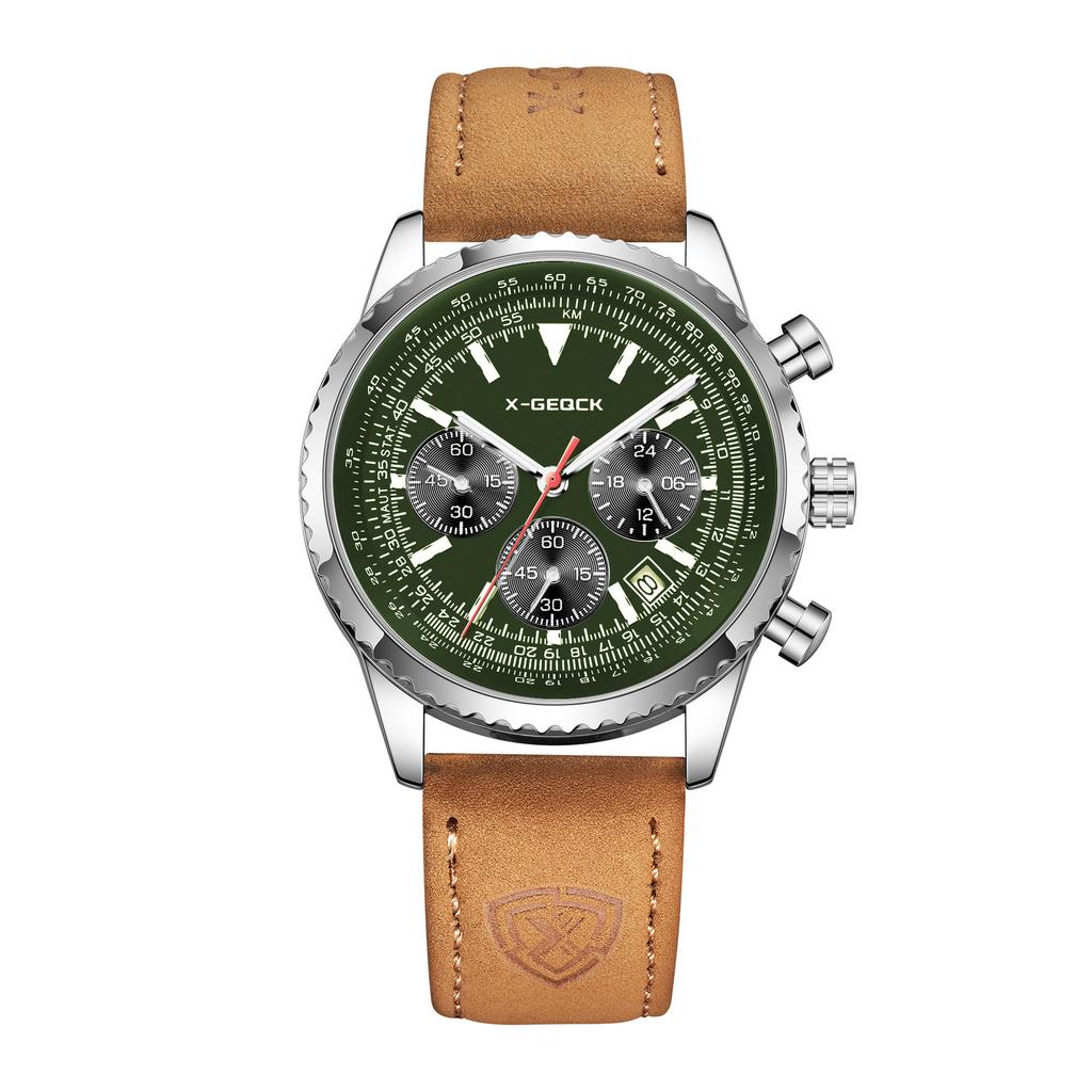 X-Geqck Three-Circle Luminous Waterproof Men'S Quartz Watch Light Luxury Gold-Brown Belt Multi-Function Chronograph Watch