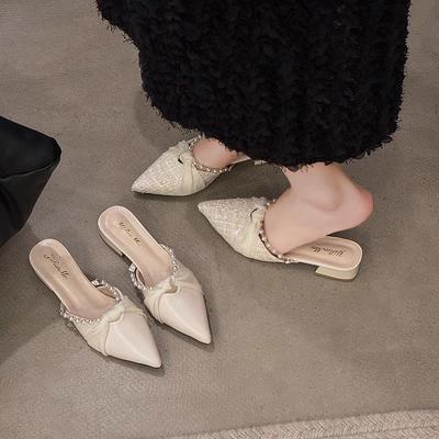 Chaussons d'été pour femmes Mules Basses Nœud Papillon Chaussures Bout Pointu Français Décontracté Claquettes Mode Perle Extérieur Demi-Chaussons