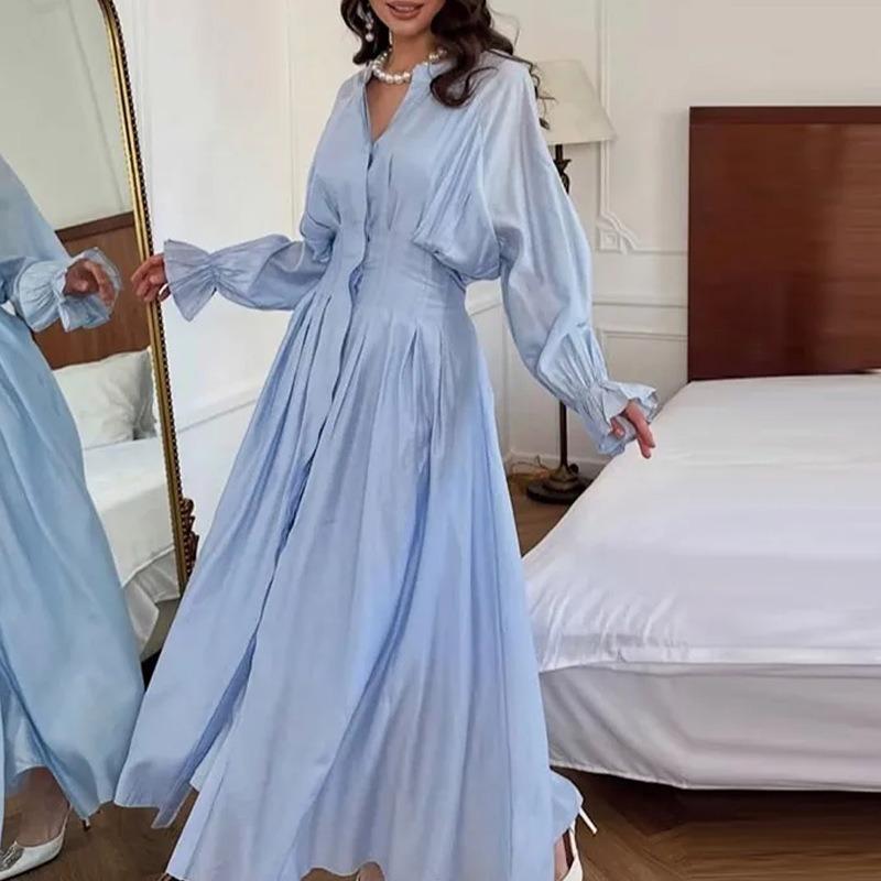 Women Elegant Solid Color High Waist Button Long Maxi Dress