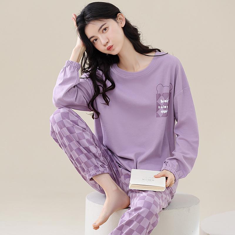 Aifen Teng Women's Pajamas Set: Pure Cotton, Long Sleeve, Long Pants, Casual Home Wear, Suitable for Spring, Autumn, and Winter.