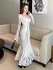 French 3D Floral Ribbon Long Sleeve Lace Fishtail Evening Dress for Women - Autumn Elegance.