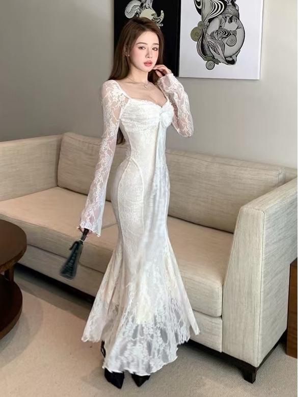 French 3D Floral Ribbon Long Sleeve Lace Fishtail Evening Dress for Women - Autumn Elegance.
