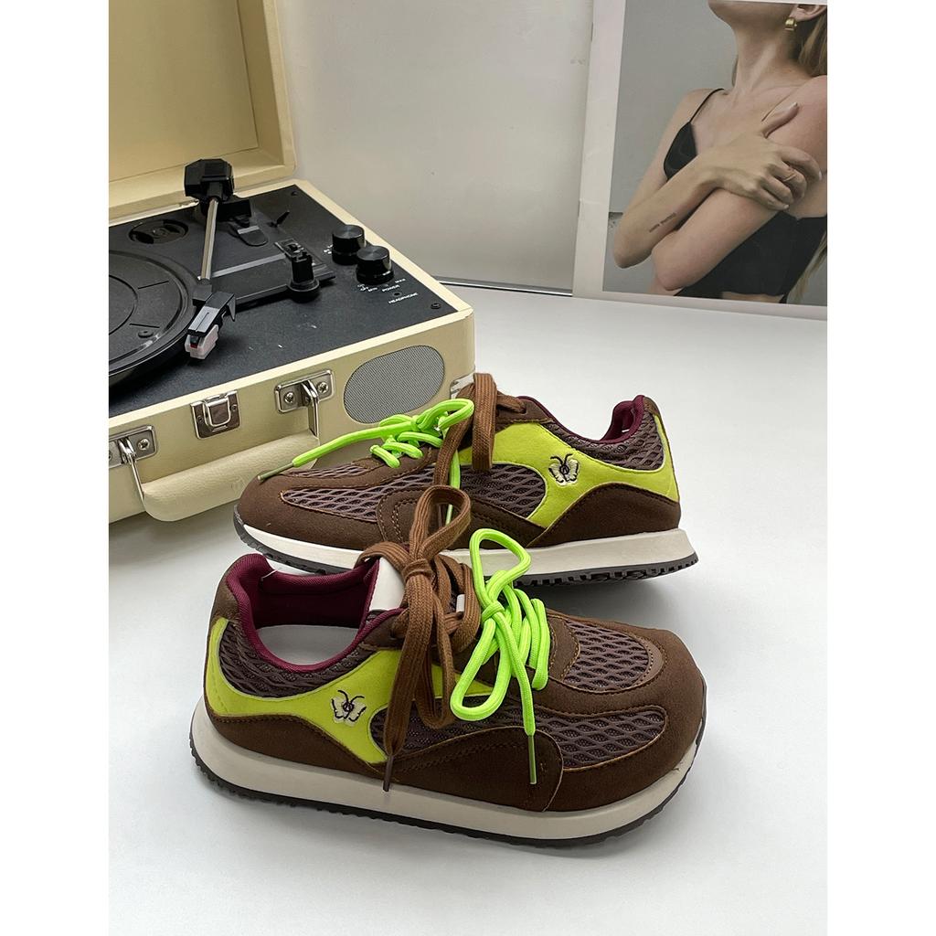 Double Pair of Shoelaces~ Leather Breathable Inner Height Increase German Training Shoes Women's 2025 Spring and Summer Flat Mesh Letters Ugly Cute Ca