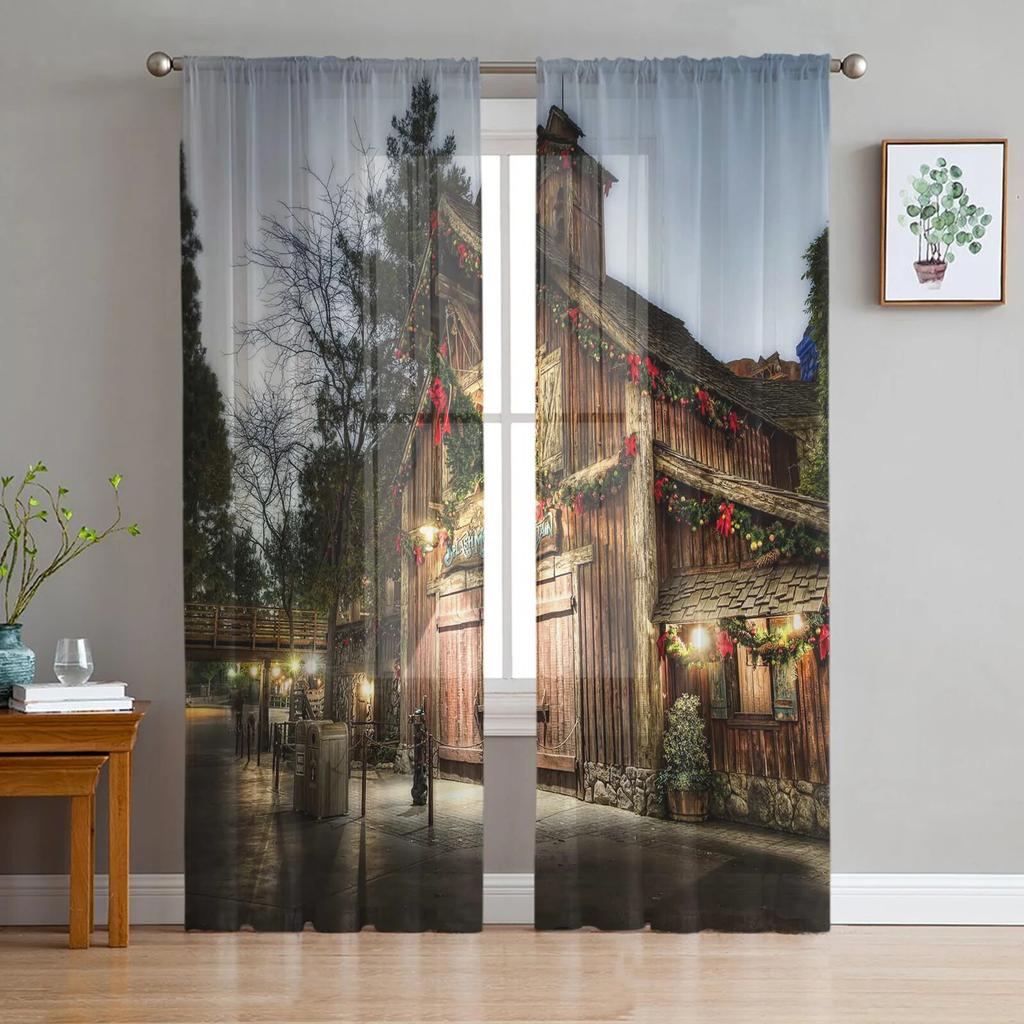 Wundervoller Weihnachtslandschafts-Tüll-Fenstervorhang für Wohnzimmer, Schlafzimmer, Voile, transparente Vorhänge, Küchenbehandlungen, Vorhänge