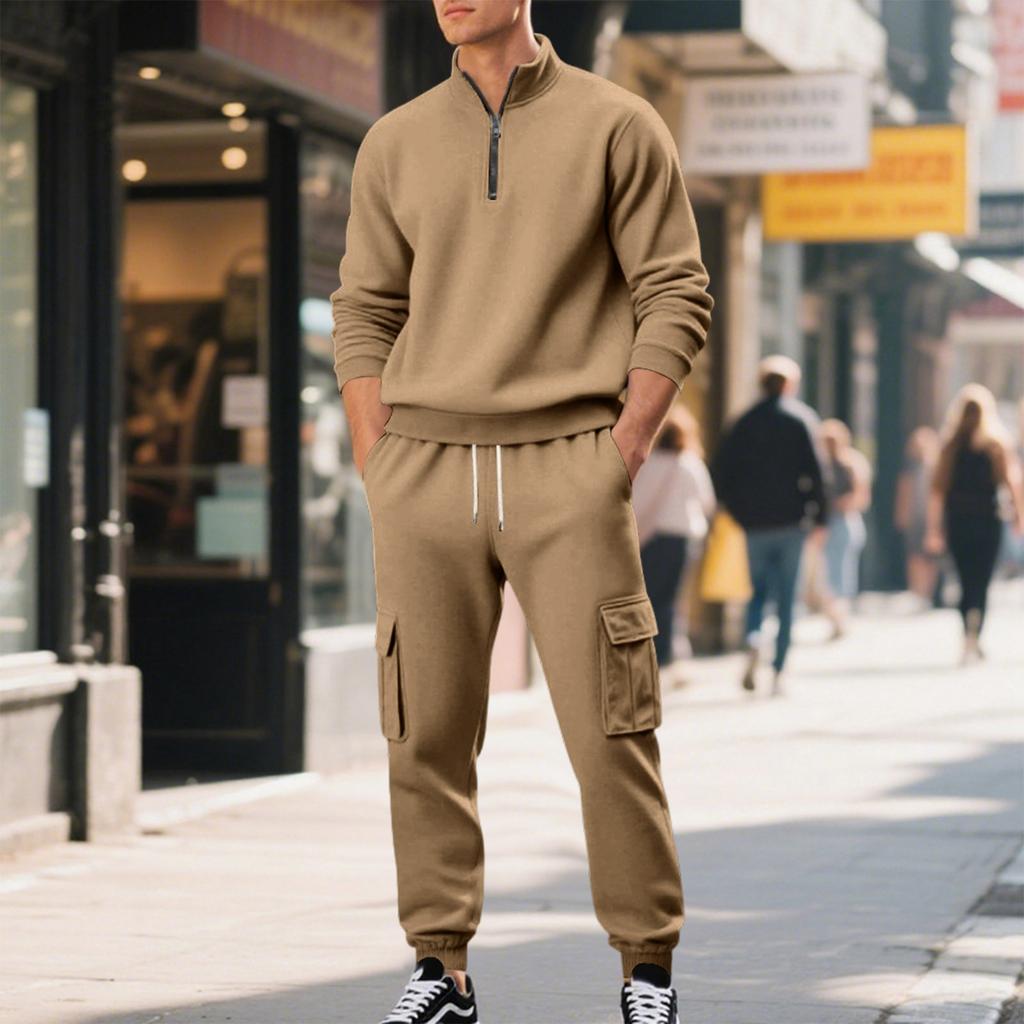 Men's Lined Zip Up Long Sleeve Sweatsuit Set with Stand Collar for Fall Winter