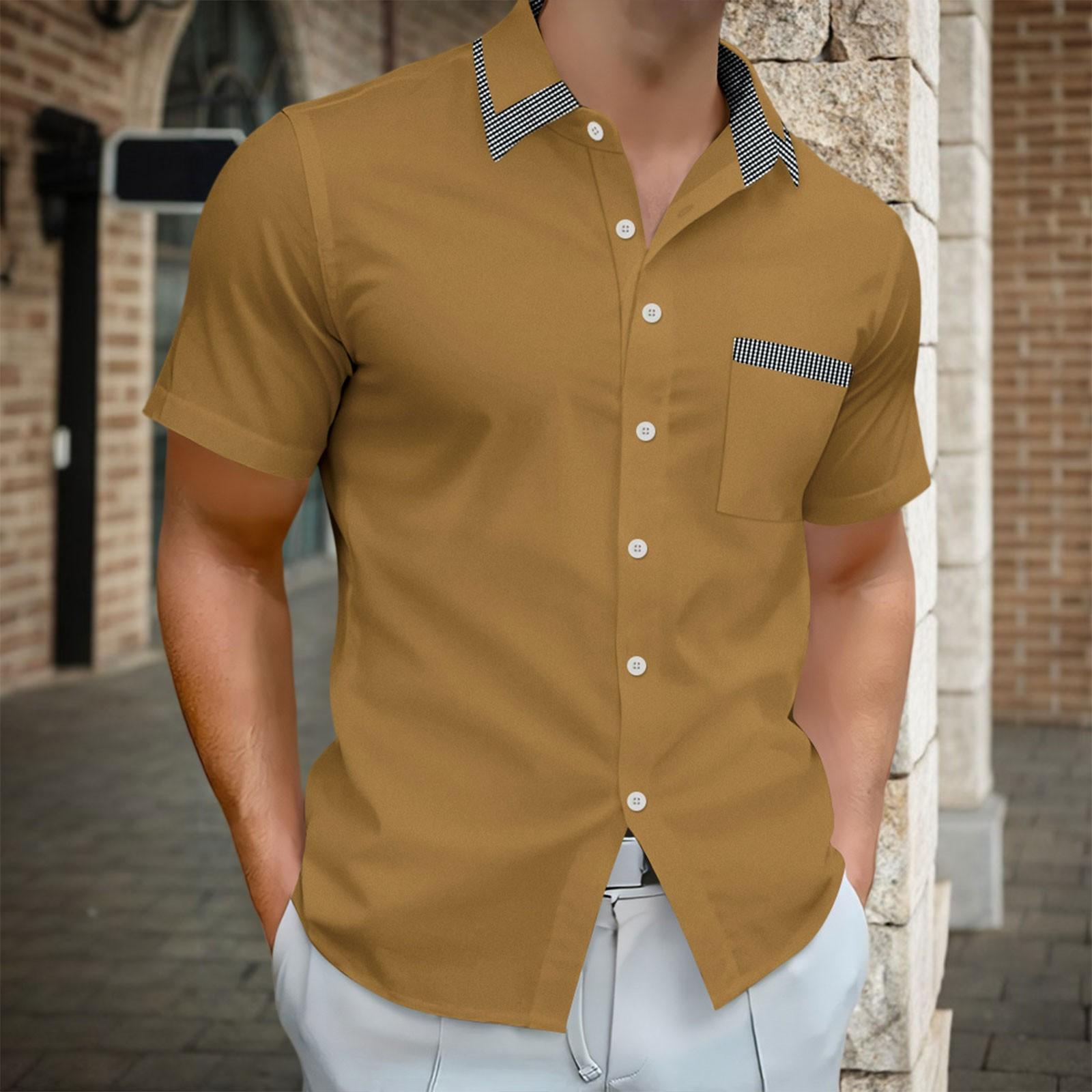 

Mens Short Sleeve Dress Shirts Casual Wrinkle Free Button Down Shirts Striped Collar Vacation Beach Summer Tops XXL хаки