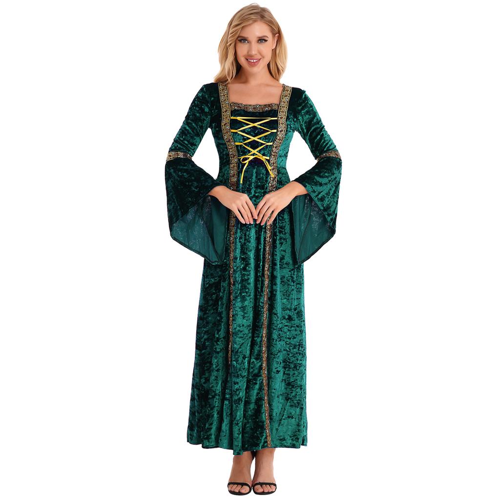 Robe Vintage rétro médiévale pour femmes, manches évasées, à lacets, Costume de sorcière Cosplay d'halloween
