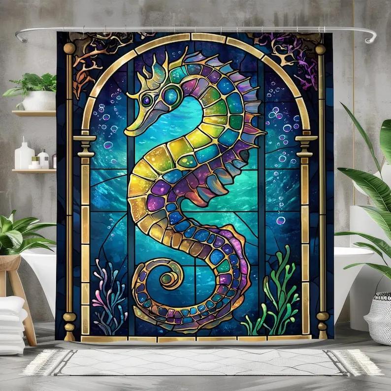 

Seahorse Shower Curtain - Stained Glass Design, Waterproof, Ocean Marine Life Art, Coastal Bathroom Decor W60H190(CM)-1 Pcs