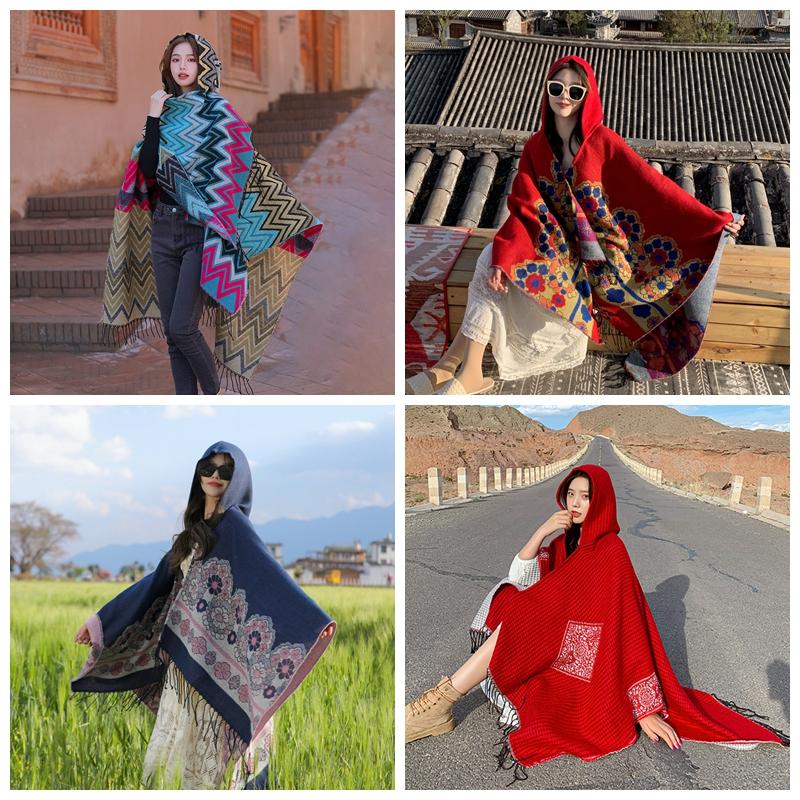 Осенне-зимняя шаль женская имитация кашемира теплая в богемном этническом стиле кисточка — фото 5