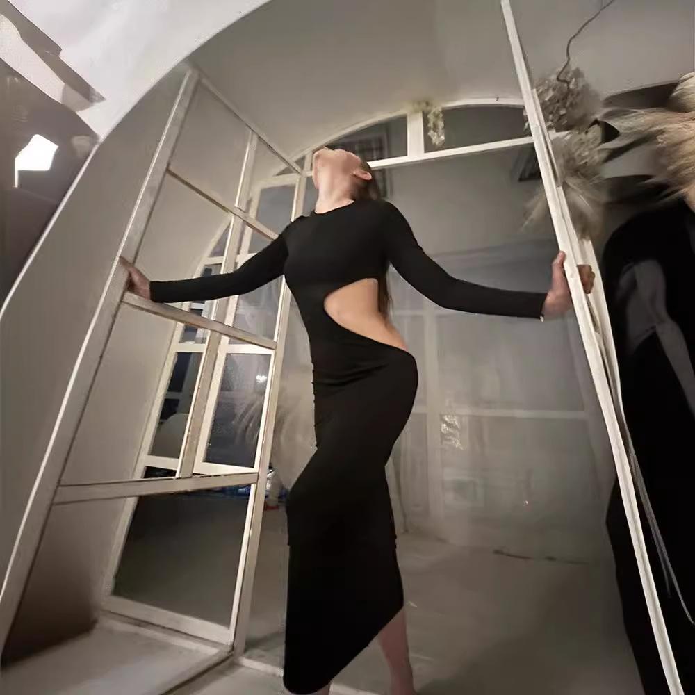 Europejsko-Amerykańska Letnia 2025 Seksowna Długa Sukienka z Wycięciami - Wyszczuplająca Wysoki Stan, Długi Rękaw