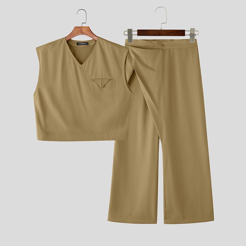 INCERUN 2PCS Men Sleeveless Cropped Tank Tops and Straight Trousers Pants Sets Outfits