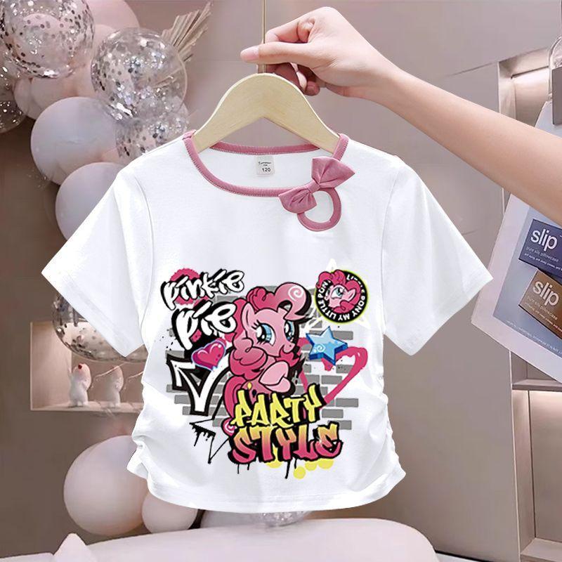 Girls' Fashionable Bow Tie Top for Summer, Children's Round-neck Short-sleeved Pure Cotton T-shirt