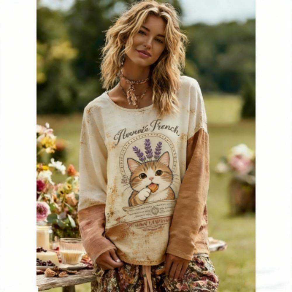 Frühling Europa Amerika Tier Katze und Hund Druck Damen T-Shirts Tops Mode Straße Damen Langarm Kleidung Outdoor Freizeit T-Shirt Pullover