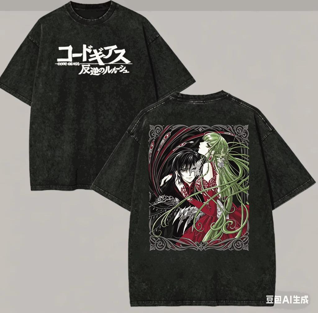 Hot Vintage Washed Code Geass Cc Graphic T Shirt Soft Cotton Short Sleeve Oversized Loose Unisex Anime Manga Streetwear Tops