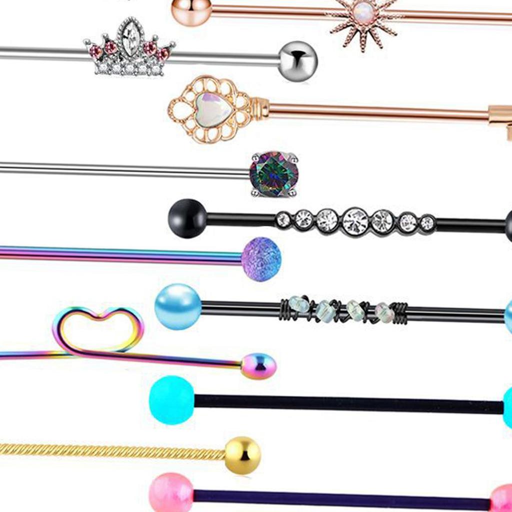 13x 14G Industrial Barbell Earrings Heart Flower Rhinestone Piercing Jewelry