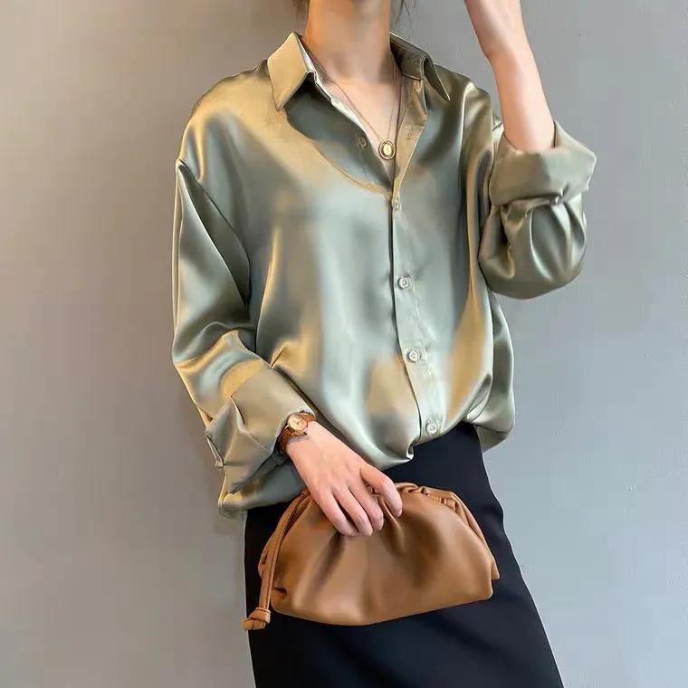 Women's Spring and Autumn Solid Color Buttons Tops Ladies Long-sleeved Lapel Commuter Shirt