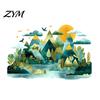 Indoor Outdoor Window Film 2Pcs Watercolor Mountain Wall Sticker, Peel And Stick Landscape Decal, PVC Waterproof Scenery Fresh Style Home Decoration