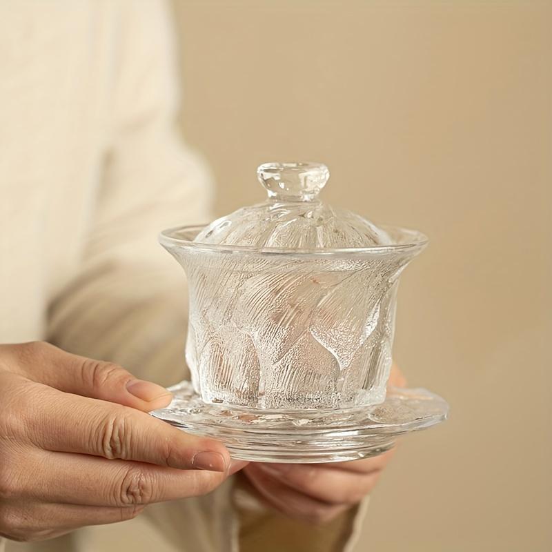 1pc Thickened Glass Tea Set Glass Ice-covered Bowl Household Kung Fu Tea Cup Tea Infuser For Home Restaurant Hotel Office Tea Accessories Gift For Tea