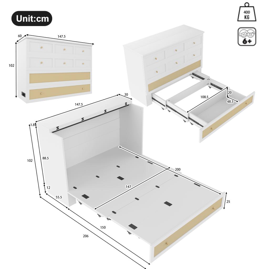 Cabinet Bed, 140 x 200, with Drawers at the Foot and Shelf at the Head of the Bed, with USB and Socket, Convertible Platform, Without Mattress, White