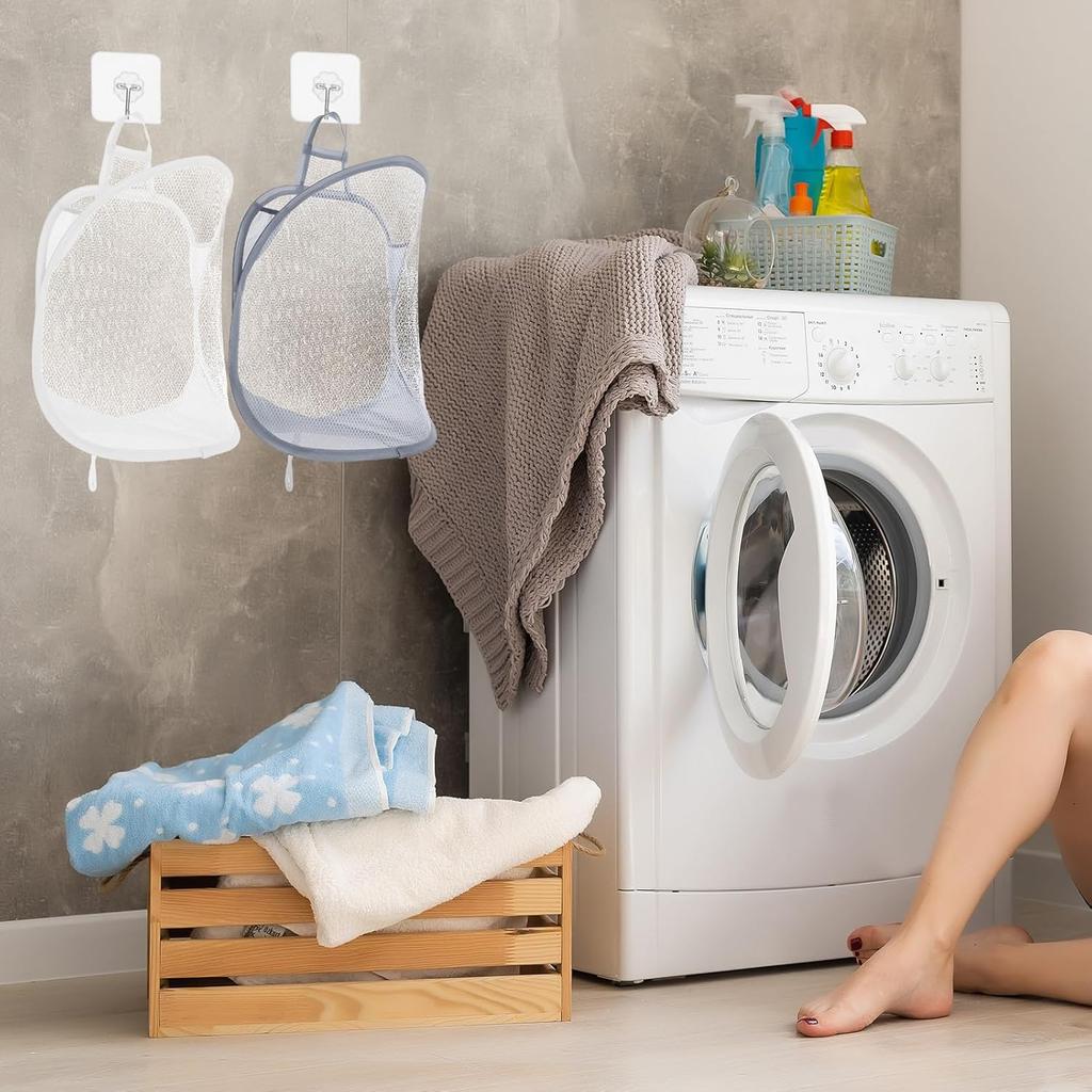 Ouligay 2Pcs Hanging Laundry Hamper Bag, Mesh Hanging Laundry Basket, Foldable Space-Saving Laundry Organizer, Grey & White, Polyester, Portable,