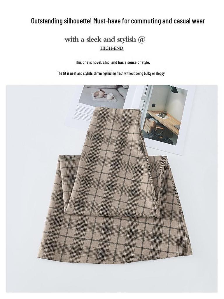 Women's 2026 Spring Retro Plaid High-Waist A-Line Skirt with Elastic Waist and Wide Hem