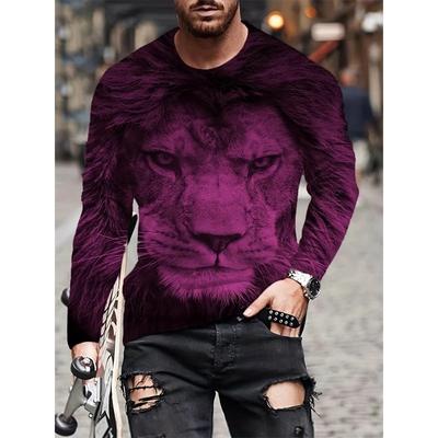Spring and Autumn Round Neck 3D Lion Pattern Printed Top Fashionable Casual Long Sleeved Men's T-shirts