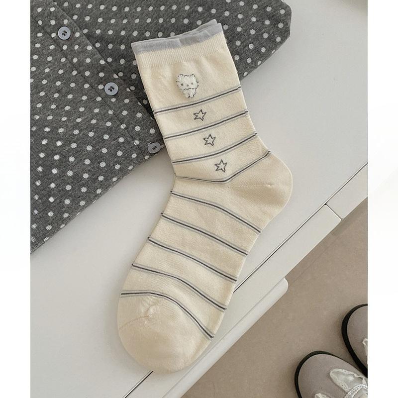 Cream-colored Mid-calf Socks, Cute Pile Socks, Spring-autumn Simple Cartoon Pile Socks