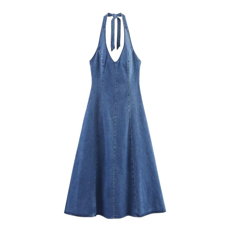 

Araltay New Arrival Fashion Style Women s Clothing Fashion All-Match Minimalist Hanging Collar Denim Dress 1957281 Blue L