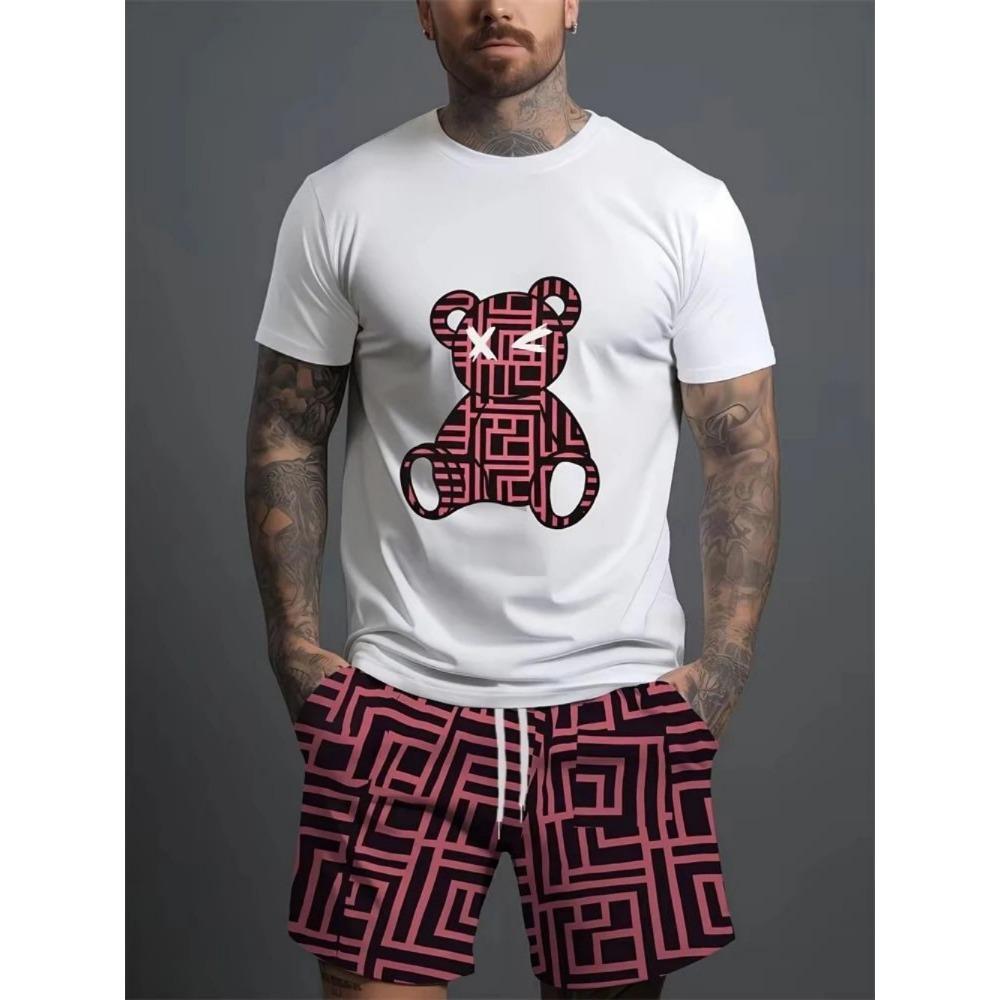 Men's Daily Casual Set Outdoor Casual Men's Beach Shorts Urban Trend Bear Print Short Sleeved T-shirt Lightwe