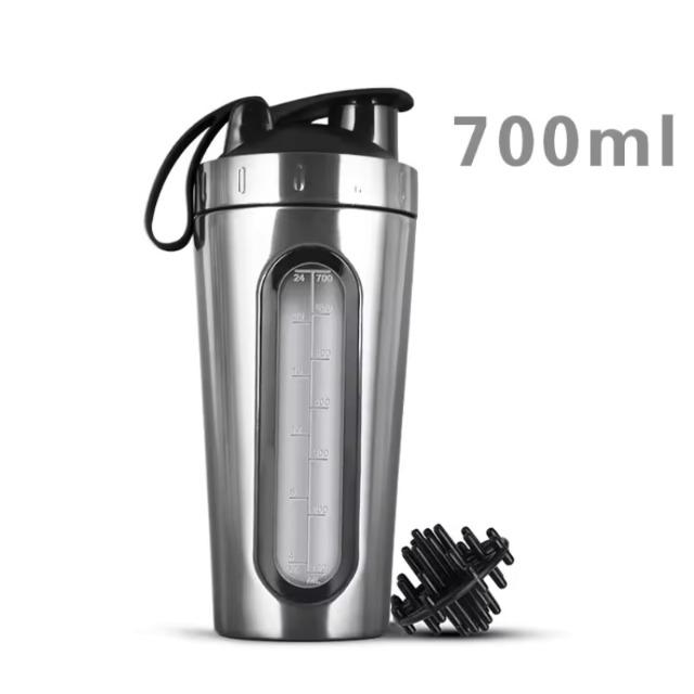 

700ML Sports Protein Shaker Bottle Stainless Steel Leakproof Gym Water Bottle Fitness Whey Protein Powder Mixer Cup with Scale 700ML