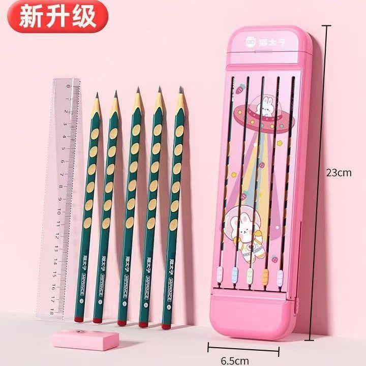 Slimme Etui Set Multifunctionele Etui met 5 Potloden 1 Liniaal 1 Gum Schoolbenodigdheden Cadeaus Koreaanse Schrijfwaren pink