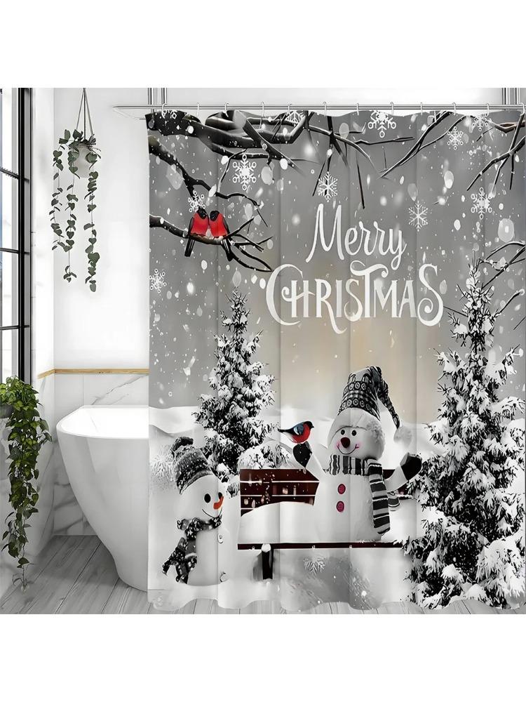 

Winter Christmas Snowman Bird Christmas Tree Snowflake Shower Curtain, Bathroom Decorative Shower Curtain, Waterproof Shower Cur W60H190(CM)-1 Pcs