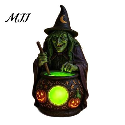 Künstlerische Raumaccessoires Halloween Hexe Kessel Lampe, Harz Statue Ornament, Gruselige Dekorationsfiguren für Büro Licht Schreibtisch Tischdekoration,