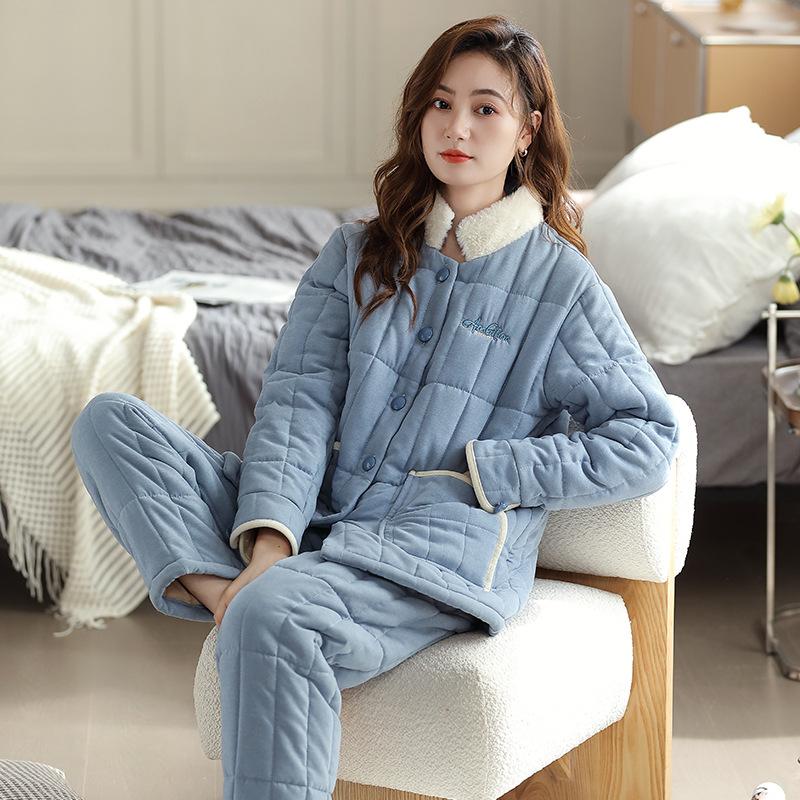 Pajamas Women'S Winter Thickened And Velvet Coral Velvet Three-Layer Padded Jacket Can Go Out Winter Loungewear