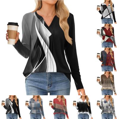 Women's Fashion Casual Long Sleeve Shirt Geometry Printed V Neck Up Tops