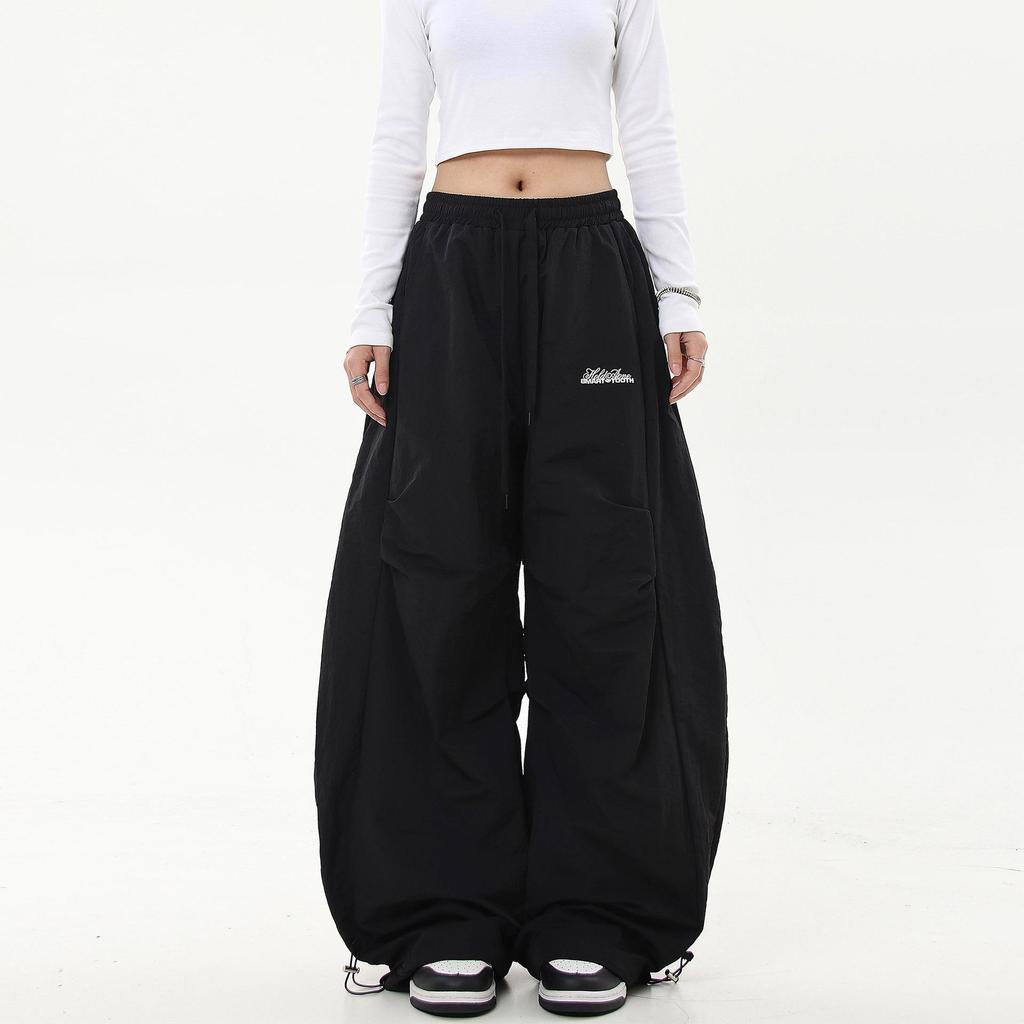 Unisex Retro Pleated Parachute Cargo Pants with Velvet Wide Legs