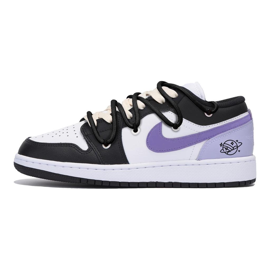 Jordan Air Jordan 1 Slip Resistant Abrasion Resistant Low top Vintage Basketball Shoes Men's Black White Purple 553558-131(Team85-)