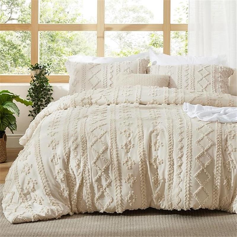 Boho pušķains gultasveļas komplekts Vienkrāsains teksturēts