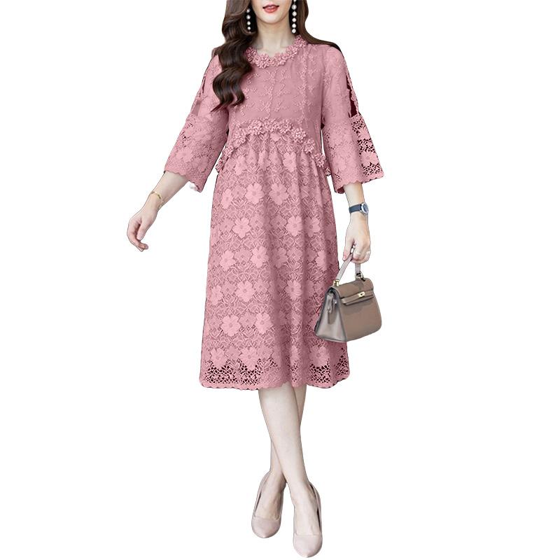 ZANZEA Women Round Neck 3/4 Sleeve Casual Elegant Lace Dress
