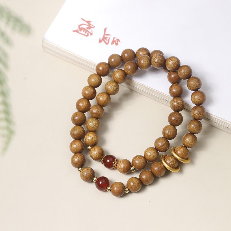 Armband aus goldenem Sandelholzperlen mit Quaste: Unisex Multi-Wrap Rosenkranz im alten chinesischen Stil.
