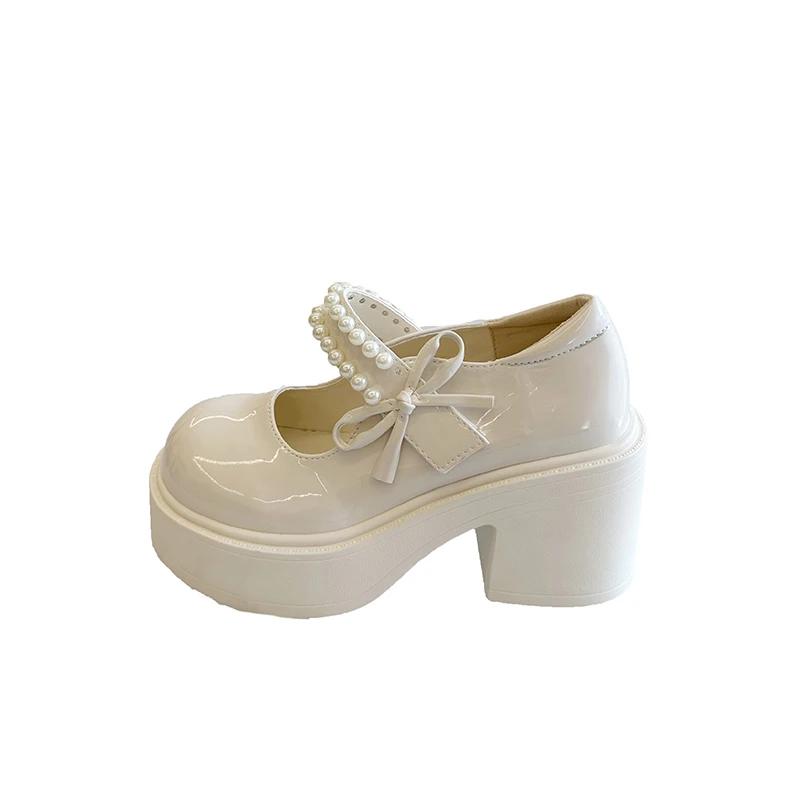 Women's Lolita Style Shoes 2025 French One Pearl Bow Round Toe Chunky Heel Mary Jane Shoes High-heeled Thick-soled Women Shoes