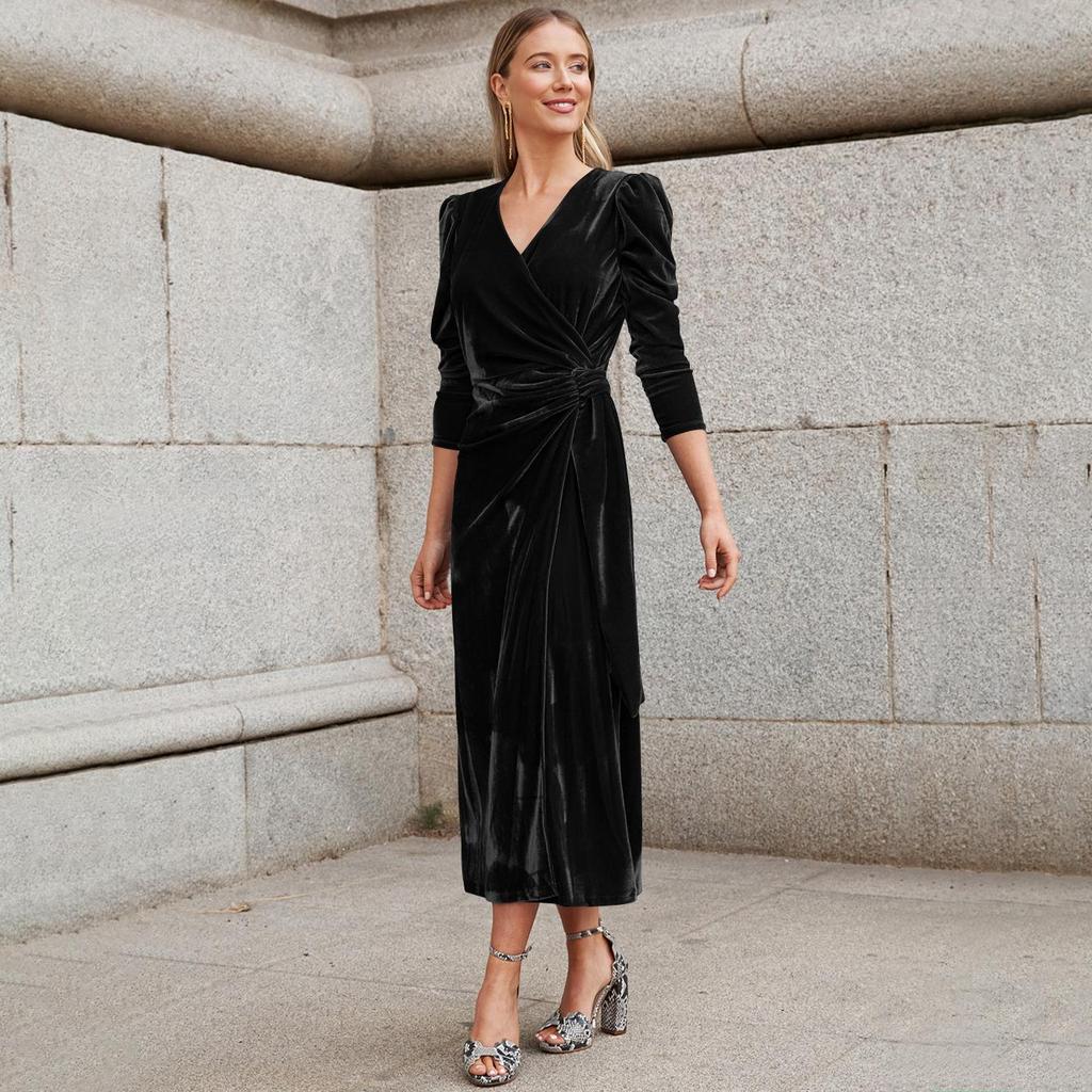 Kadın Bahar Gece Elbisesi Uzun Kollu Zarif V Yaka A-Line Yüksek Bel Kemeri Uzun Kadife Elbiseler Düz Renk