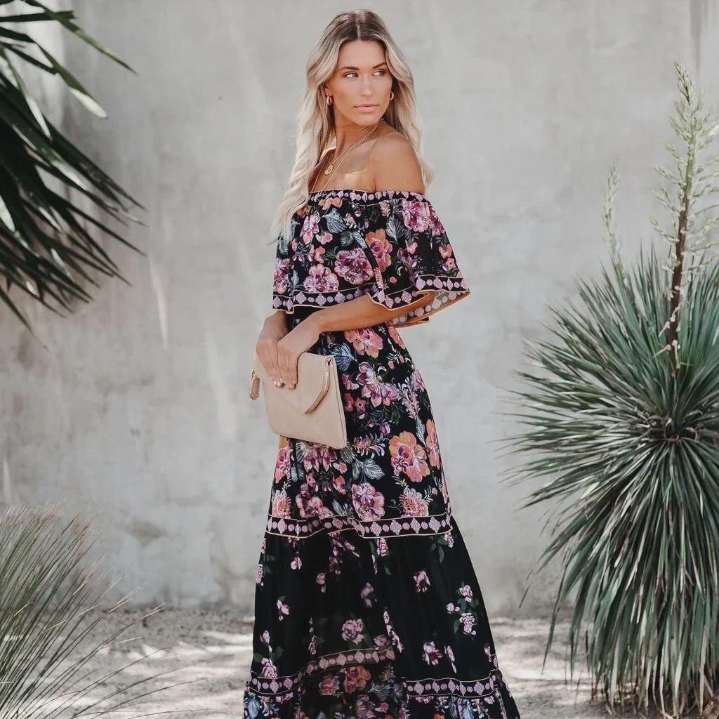 

2025 Spring/Summer Casual Women s One-Shoulder Print Maxi Dress S