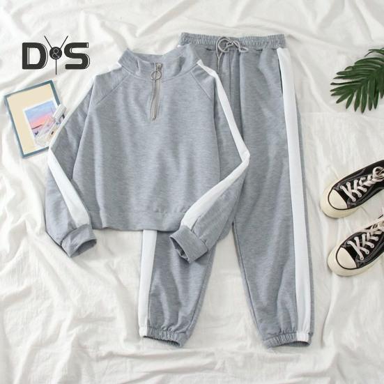 2 stk/sett Sweatshirt Bukser Sett Stativ Krage Glidelås Løs Myk Elastisk midje Ankelbånd Brede benlommer Fargematchende kvinner Høst Vår Joggedress